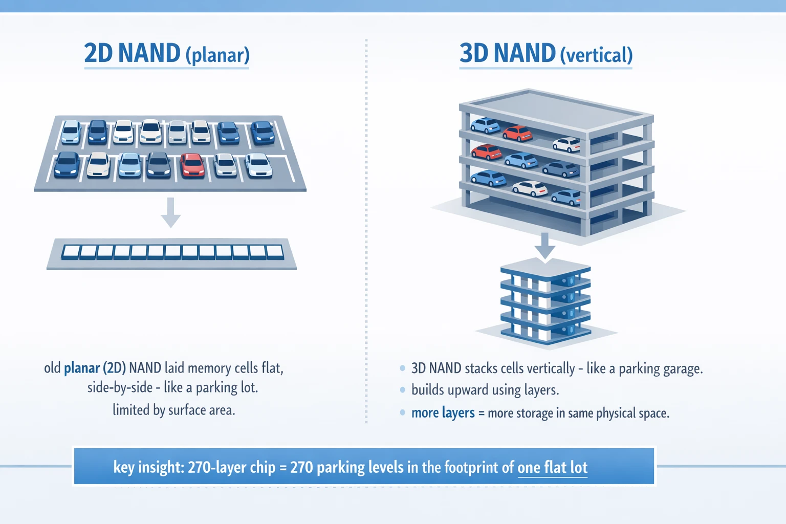 Comparison of 2D planar NAND versus 3D NAND flash memory structure showing vertical stacking