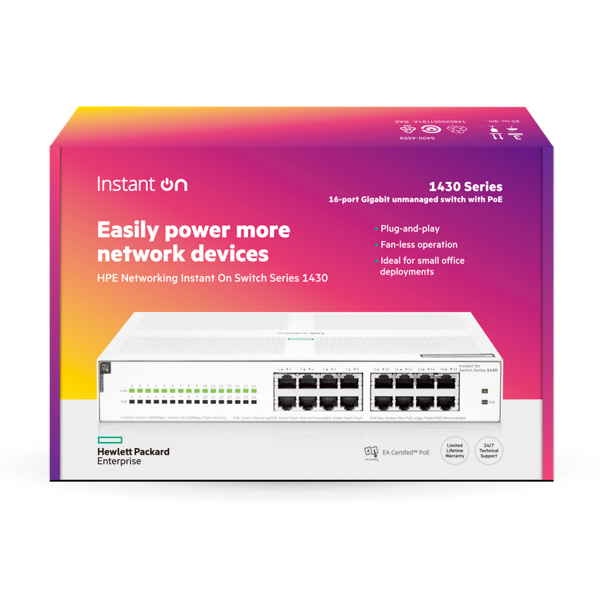 Aruba ION 1430 16-Port Gigabit PoE Switch | 32Gbps Switching Capacity | 23.80 Mpps Throughput | 16x 1G RJ-45 PoE Ports (124W) | Plug-and-Play | Compact & Silent - Image 3