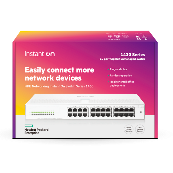 HPE Aruba ION 1430 24-Port Gigabit Switch | 48Gbps Switching Capacity | 35.71 Mpps Throughput | 24x 1G RJ-45 Ports | Plug-and-Play | Internal Power Supply - Image 3
