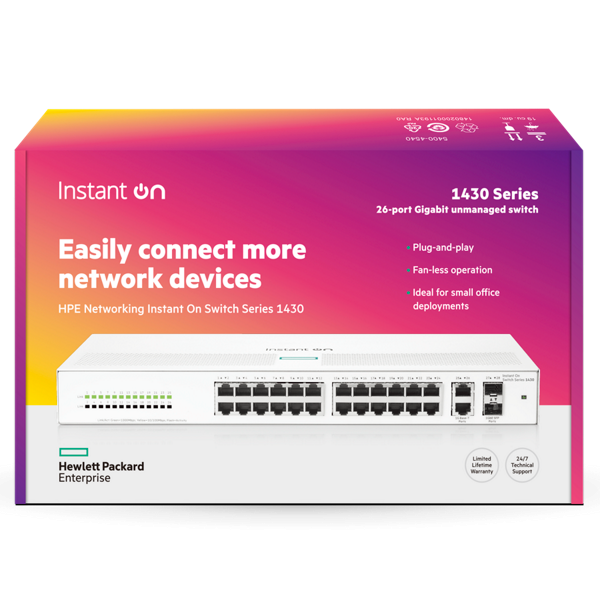 HPE Aruba ION 1430 26-Port Gigabit Switch with 2 SFP Ports | 56Gbps Switching Capacity | 41.68 Mpps Throughput | 26x 1G RJ-45 Ports + 2x SFP 1GbE Ports | Plug-and-Play | Internal Power Supply - Image 3