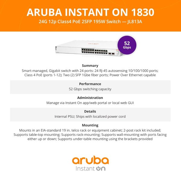 Aruba ION 1830 24-Port Gigabit PoE Switch with 2x SFP 1GbE Ports | 195W Class 4 PoE | 52Gbps Switching Capacity | 38.68 Mpps Throughput | ARM Cortex-A9 Processor - Image 8