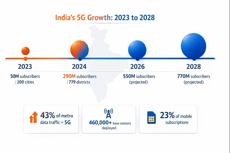 India 5G growth timeline from 2023 to 2028 showing subscriber increase from 50M to 770M