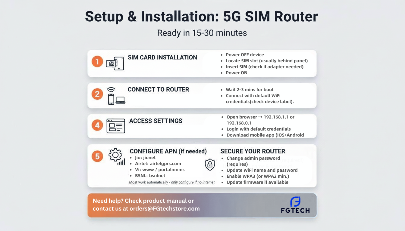 5G SIM router setup and installation guide with 5 steps ready in 15-30 minutes.