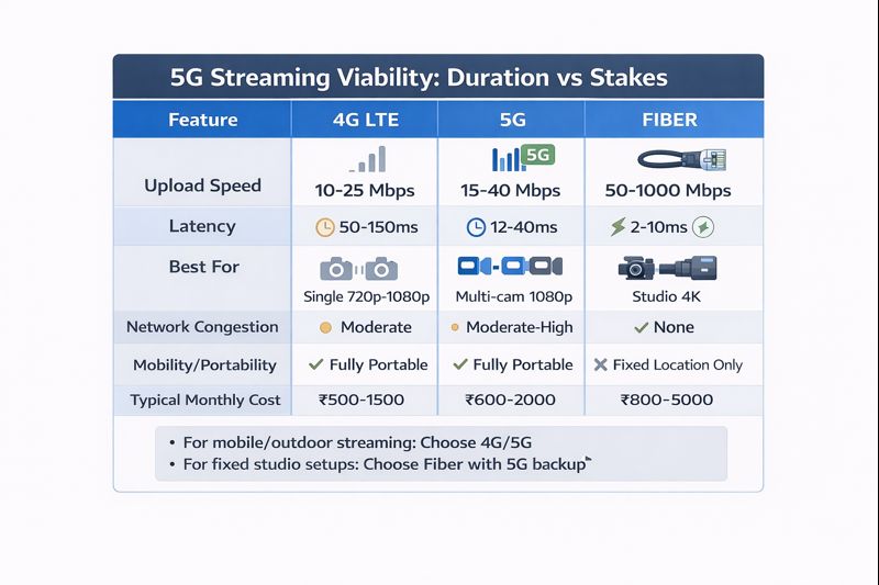 Comparison table of 4G LTE, 5G, and fiber internet for live streaming showing upload speeds, latency, and best use cases