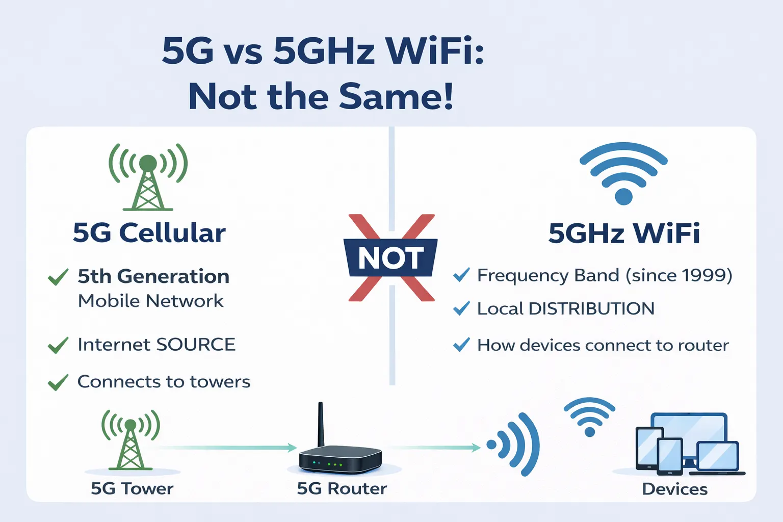 Infographic explaining the difference between 5G cellular technology and 5GHz WiFi frequency band showing they are not the same thing