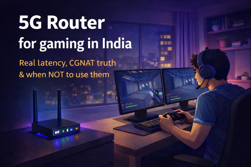 Indian gamer playing on PC with a 5G router for gaming on the desk, overlay text showing article title about real latency, CGNAT truth, and when not to use 5G routers