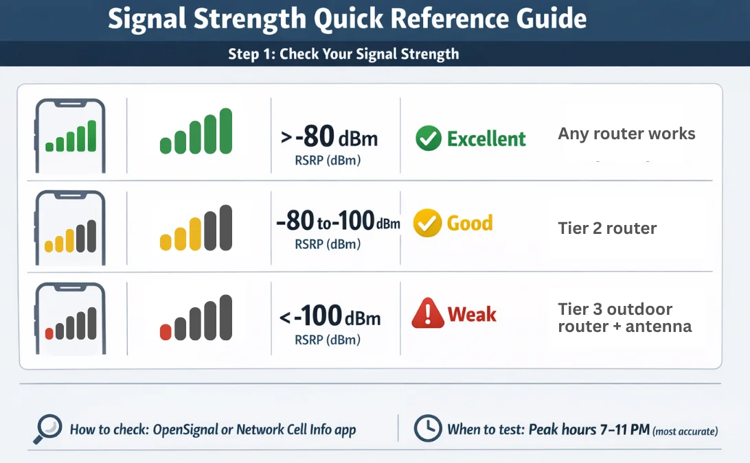 Signal strength guide showing RSRP values and router recommendations - excellent signal needs any router, good signal needs Tier 2, weak signal needs Tier 3 outdoor router with antenna