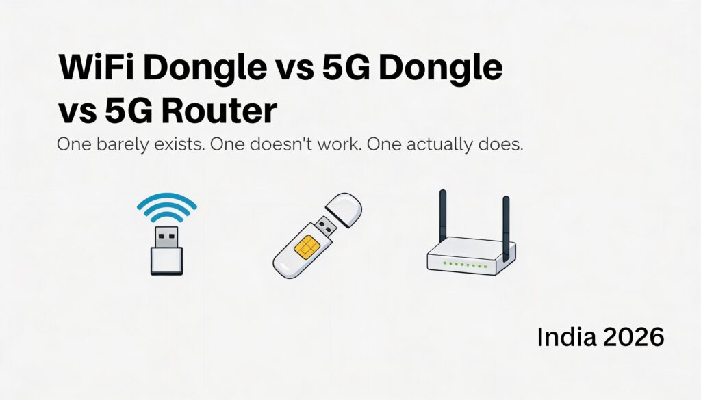 Featured image for WiFi dongle vs 5G dongle vs 5G router comparison article showing three device options for India 2026 internet connectivity
