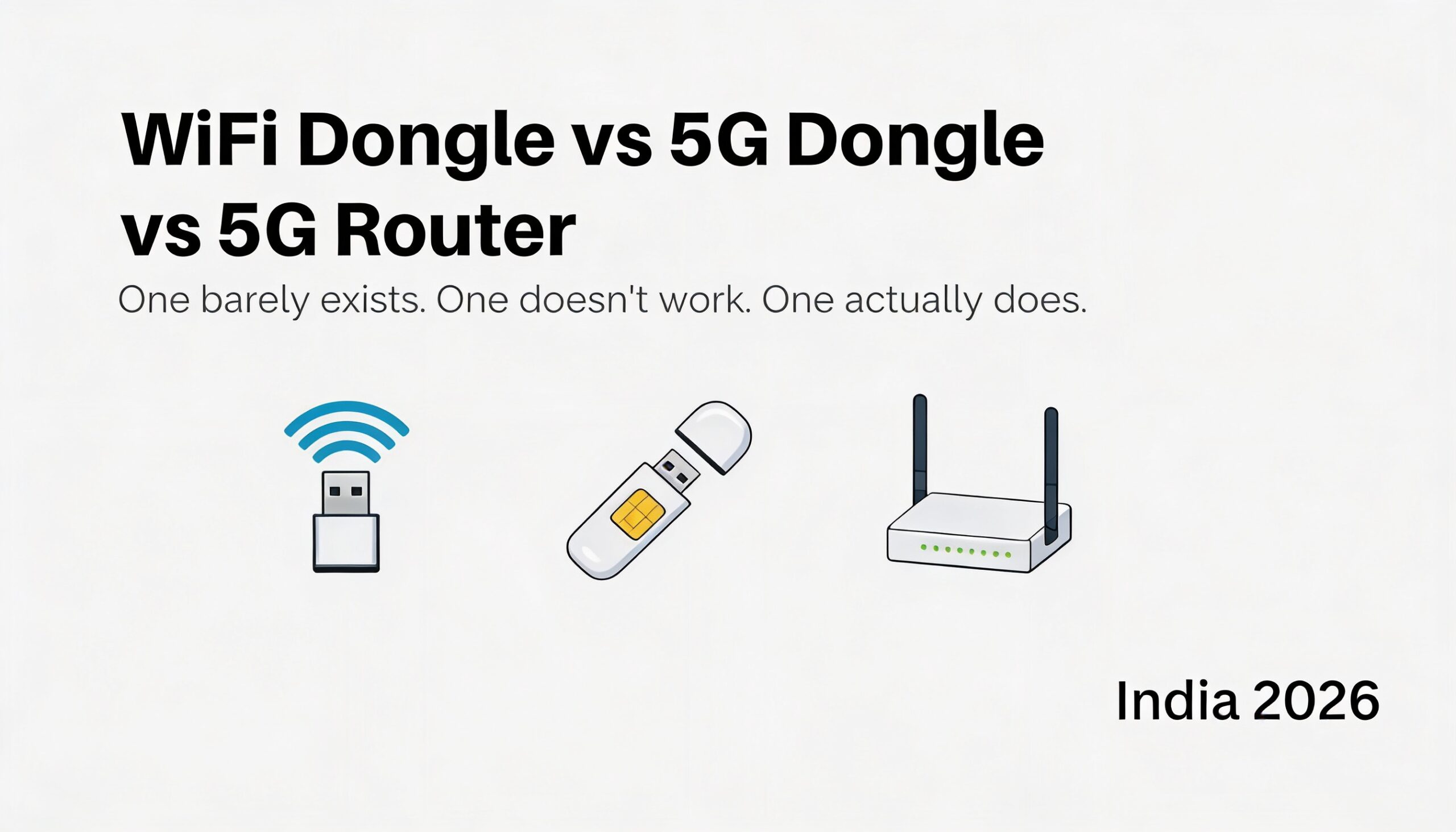Featured image for WiFi dongle vs 5G dongle vs 5G router comparison article showing three device options for India 2026 internet connectivity